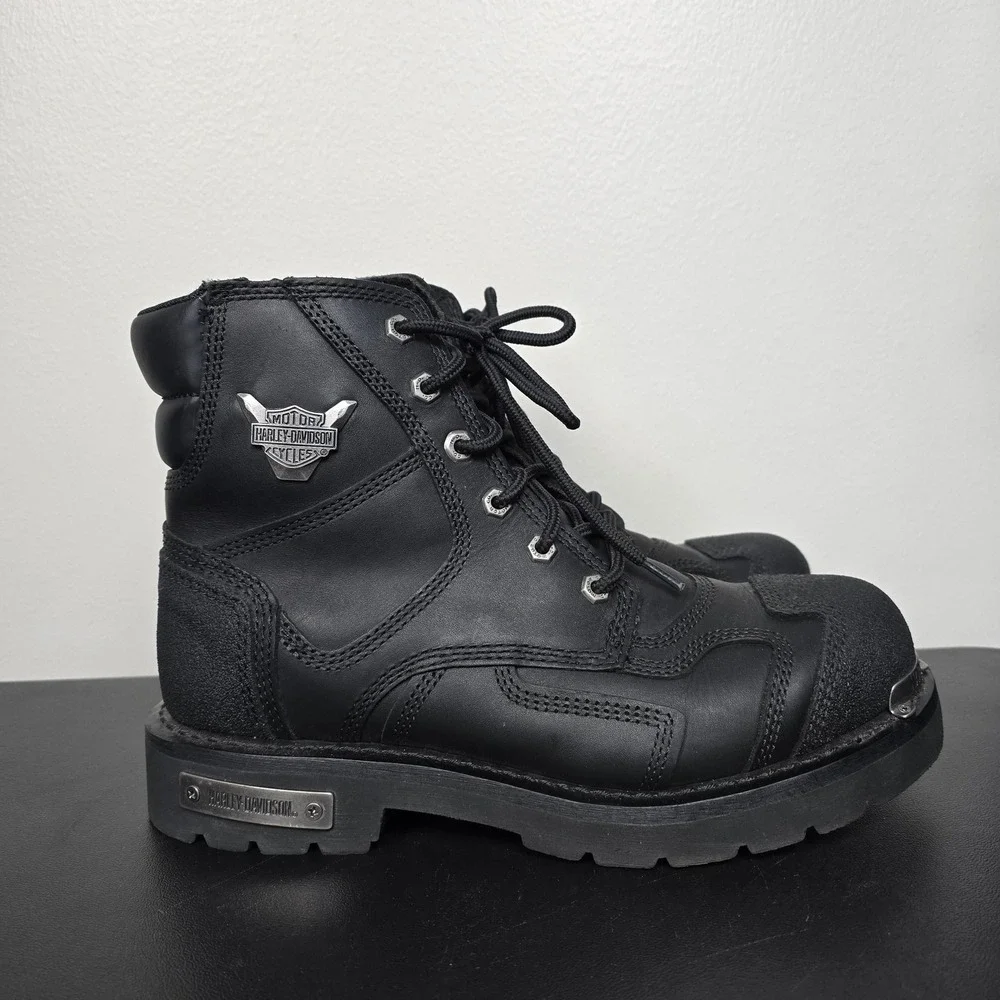 Harley Davidson Boots Mens 10 Black‎ Stealth Leather Biker Lace Up Zip Toe Cap